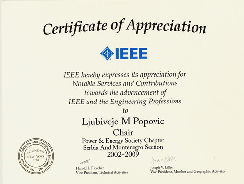 IEEE Certificate of Appreciation - Ljubivoje Popović
