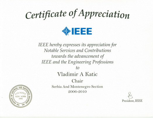 IEEE Certificate of Appreciation - Vladimir Katić