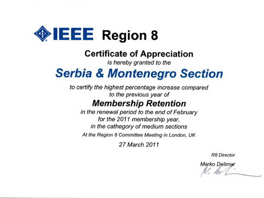 IEEE Region 8 Membership Retention Award 2011