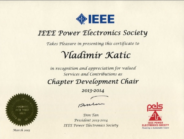 IEEE PELS Certificate - Vladimir Katić