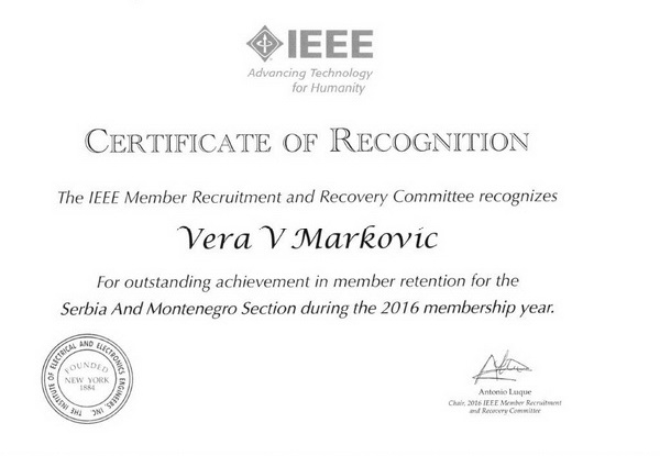Certificate of Recognition - Vera Marković