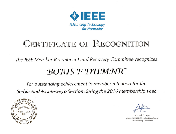 Certificate of Recognition - Boris Dumnić