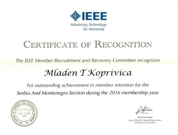 Certificate of Recognition - Mladen Koprivica