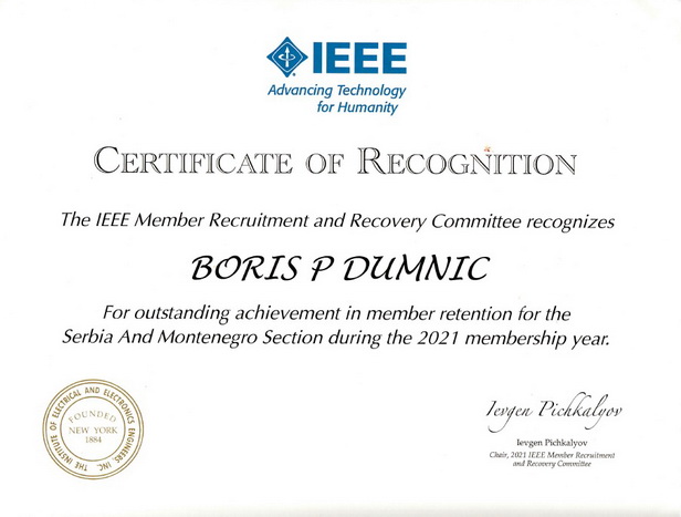 Certificate of Recognition 2021 - Boris Dumnić