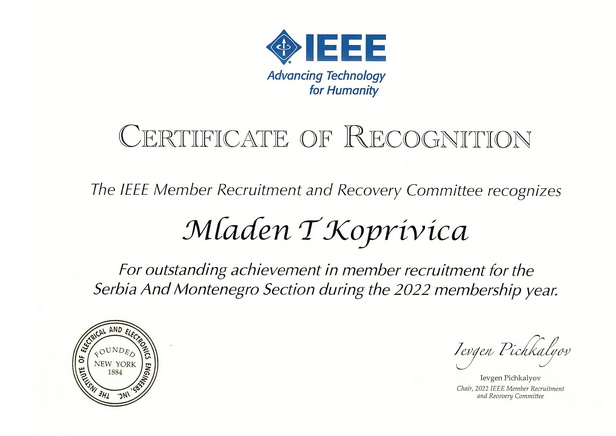 Certificate of Recognition - Mladen Koprivica