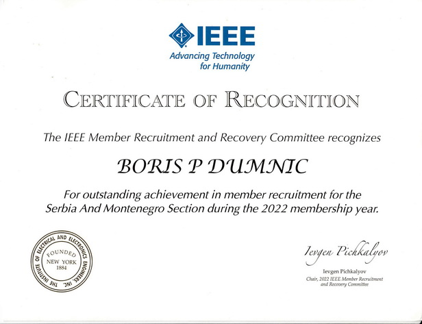 Certificate of Recognition - Boris Dumnić